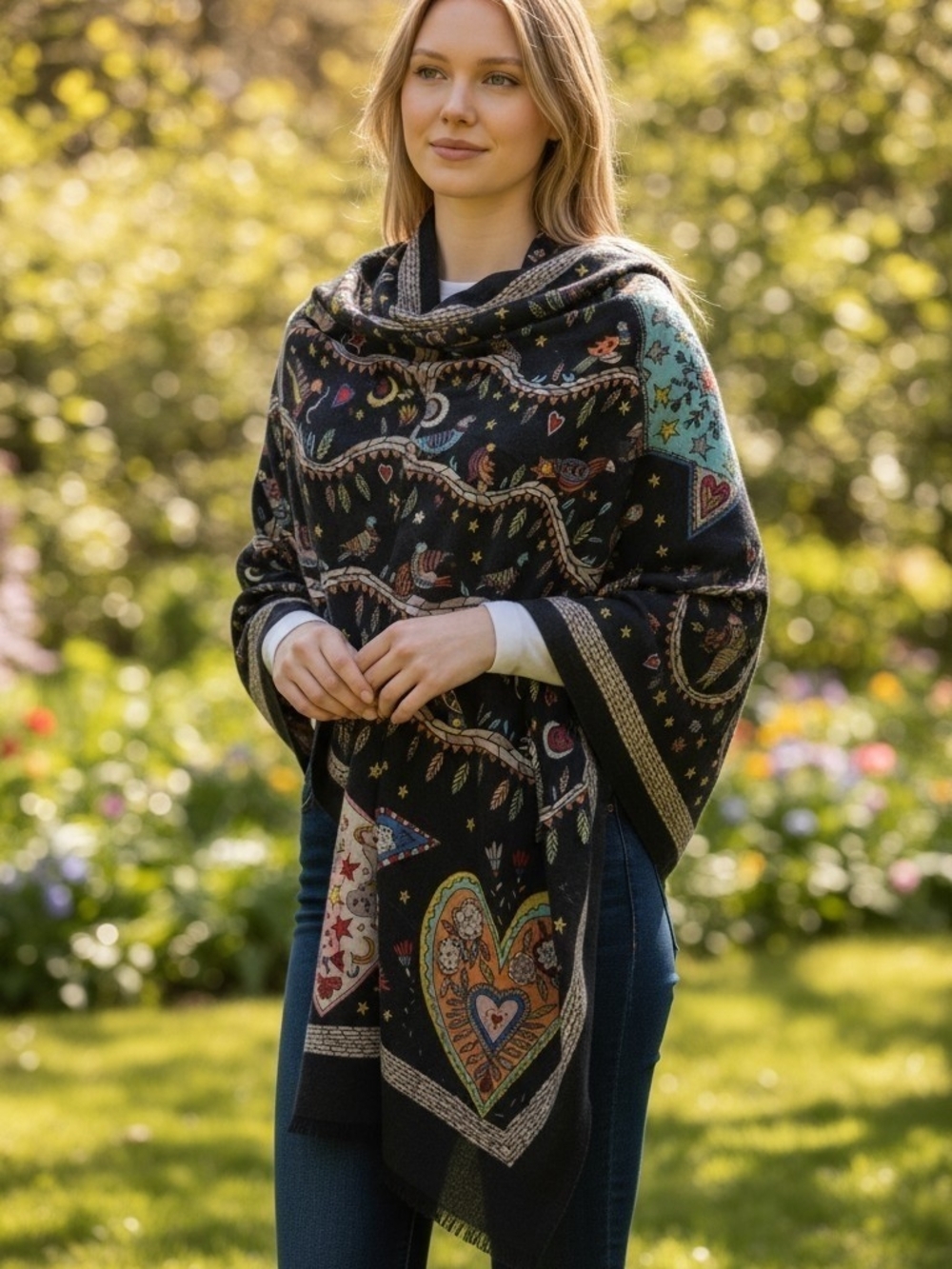 Gucci Black Woven Heart & Star Pattern Shawl with Multicolor Motifs